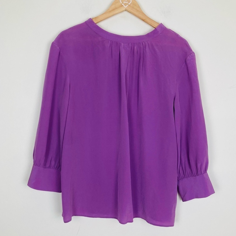 L.K. Bennett purple silk flowy blouse with cuffed puff sleeves and tie neck. 10